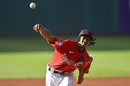 Jun 27, 2022; Cleveland, Ohio, USA; Cleveland Guardians starting pitcher Triston McKenzie (24) delivers a pitch in the first inning against the Minnesota Twins at Progressive Field. Mandatory Credit: David Richard-USA TODAY Sports