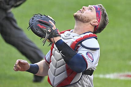 Jun 28, 2022; Cleveland, Ohio, USA; Minnesota Twins catcher Ryan Jeffers (27) looks for a foul ball in the second inning against the Cleveland Guardians at Progressive Field. Mandatory Credit: David Richard-USA TODAY Sports