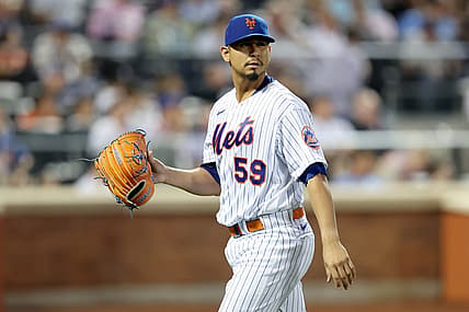 Jun 28, 2022; New York City, New York, USA; New York Mets starting pitcher Carlos Carrasco (59) walks off the field after being taken out of the game against the Houston Astros during the fifth inning at Citi Field. Mandatory Credit: Brad Penner-USA TODAY Sports