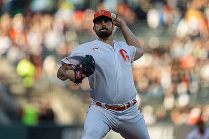 Jun 28, 2022; San Francisco, California, USA; San Francisco Giants starting pitcher Carlos Rodon (16) pitches during the first inning against the Detroit Tigers at Oracle Park. Mandatory Credit: Stan Szeto-USA TODAY Sports