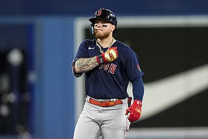 Jun 29, 2022; Toronto, Ontario, CAN; Boston Red Sox left fielder Alex Verdugo (99) celebrates after hitting a double during the tenth inning against the Toronto Blue Jays at Rogers Centre. Mandatory Credit: Kevin Sousa-USA TODAY Sports