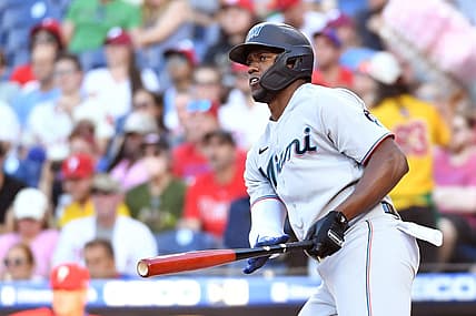 Jun 14, 2022; Philadelphia, Pennsylvania, USA; Miami Marlins right fielder Jorge Soler (12) watches his home run against the Philadelphia Phillies at Citizens Bank Park. Mandatory Credit: Eric Hartline-USA TODAY Sports