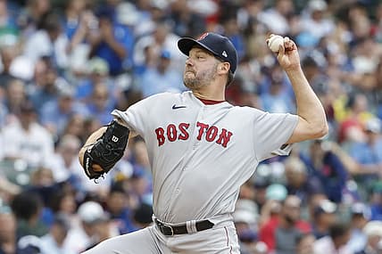 Jul 1, 2022; Chicago, Illinois, USA; Boston Red Sox starting pitcher Rich Hill (44) delivers against the Chicago Cubs during the second inning at Wrigley Field. Mandatory Credit: Kamil Krzaczynski-USA TODAY Sports