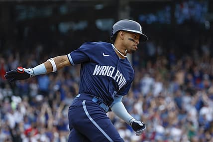 Jul 1, 2022; Chicago, Illinois, USA; Chicago Cubs center fielder Christopher Morel (5) rounds the bases after hitting a two-run home run against the Boston Red Sox during the sixth inning at Wrigley Field. Mandatory Credit: Kamil Krzaczynski-USA TODAY Sports