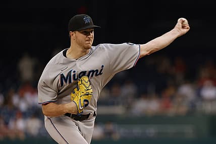 Jul 1, 2022; Washington, District of Columbia, USA; Miami Marlins starting pitcher Trevor Rogers (28) pitches against the Washington Nationals during the first inning at Nationals Park. Mandatory Credit: Geoff Burke-USA TODAY Sports