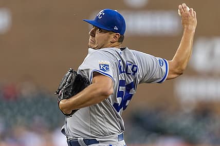 Jul 1, 2022; Detroit, Michigan, USA; Kansas City Royals starting pitcher Brad Keller (56) pitches during the first inning against the Detroit Tigers at Comerica Park. Mandatory Credit: Raj Mehta-USA TODAY Sports