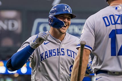 Jul 1, 2022; Detroit, Michigan, USA; Kansas City Royals designated hitter Vinnie Pasquantino (9) celebrates with first baseman Hunter Dozier (17) after hitting a solo home run during the fourth inning against the Detroit Tigers at Comerica Park. Mandatory Credit: Raj Mehta-USA TODAY Sports