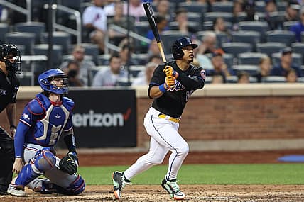 Jul 1, 2022; New York City, New York, USA; New York Mets third baseman Eduardo Escobar (10) looks up at his three run home run during the fourth inning against the Texas Rangers at Citi Field. Mandatory Credit: Vincent Carchietta-USA TODAY Sports