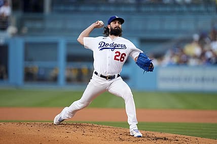 Jul 1, 2022; Los Angeles, California, USA; Los Angeles Dodgers' Tony Gonsolin (26) delivers a pitch in the third inning against the San Diego Padres at Dodger Stadium. Mandatory Credit: Kirby Lee-USA TODAY Sports