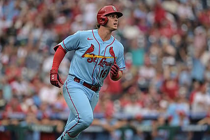 Jul 2, 2022; Philadelphia, Pennsylvania, USA;  St. Louis Cardinals second baseman Nolan Gorman (16) reacts after hitting a home run during the first inning against the Philadelphia Phillies at Citizens Bank Park. Mandatory Credit: John Geliebter-USA TODAY Sports