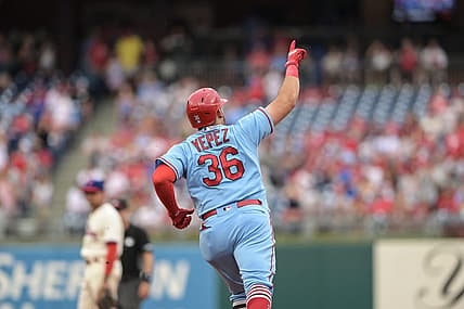 Jul 2, 2022; Philadelphia, Pennsylvania, USA;  St. Louis Cardinals designated hitter Juan Yepez (36) rounds second base after hitting a home run during the first inning against the Philadelphia Phillies at Citizens Bank Park. Mandatory Credit: John Geliebter-USA TODAY Sports