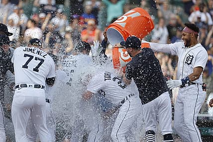 Jul 2, 2022; Detroit, Michigan, USA;  Detroit Tigers center fielder Riley Greene (31) receives congratulations from teammates after he hits a game winning home run in the ninth inning against the Kansas City Royals at Comerica Park. Mandatory Credit: Rick Osentoski-USA TODAY Sports