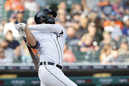 Jul 2, 2022; Detroit, Michigan, USA;  Detroit Tigers center fielder Riley Greene (31) hits a game winning home run in the ninth inning against the Kansas City Royals at Comerica Park. Mandatory Credit: Rick Osentoski-USA TODAY Sports