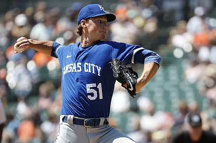 Jul 3, 2022; Detroit, Michigan, USA;  Kansas City Royals starting pitcher Brady Singer (51) pitches in the first inning against the Detroit Tigers at Comerica Park. Mandatory Credit: Rick Osentoski-USA TODAY Sports
