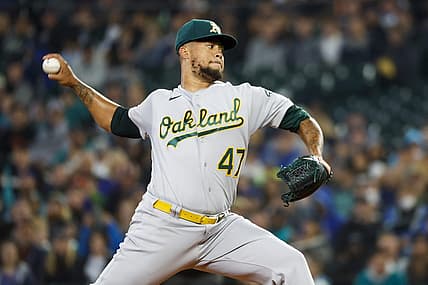 Jul 3, 2022; Seattle, Washington, USA; Oakland Athletics starting pitcher Frankie Montas (47) throws against the Seattle Mariners during the first inning at T-Mobile Park. Mandatory Credit: Joe Nicholson-USA TODAY Sports