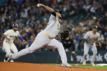 Jul 3, 2022; Seattle, Washington, USA; Oakland Athletics starting pitcher Frankie Montas (47) throws against the Seattle Mariners during the first inning at T-Mobile Park. Mandatory Credit: Joe Nicholson-USA TODAY Sports