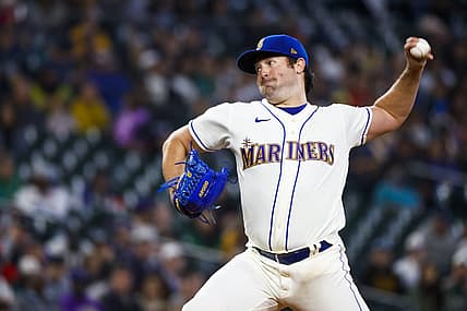 Jul 3, 2022; Seattle, Washington, USA; Seattle Mariners starting pitcher Robbie Ray (38) throws against the Oakland Athletics during the seventh inning at T-Mobile Park. Mandatory Credit: Joe Nicholson-USA TODAY Sports