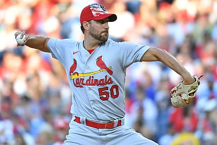 Jul 3, 2022; Philadelphia, Pennsylvania, USA; St. Louis Cardinals starting pitcher Adam Wainwright (50) throws a pitch against the Philadelphia Phillies during the second inning at Citizens Bank Park. Mandatory Credit: Eric Hartline-USA TODAY Sports