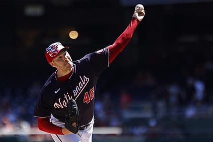 Jul 4, 2022; Washington, District of Columbia, USA; Washington Nationals starting pitcher Patrick Corbin (46) pit Ches against the Miami Marlins during the first inning at Nationals Park. Mandatory Credit: Geoff Burke-USA TODAY Sports