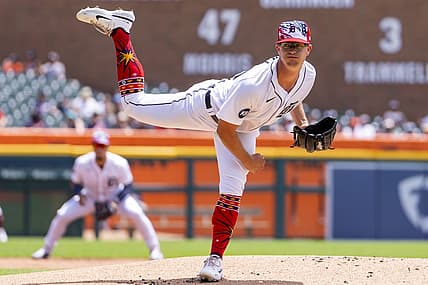Jul 4, 2022; Detroit, Michigan, USA; Detroit Tigers starting pitcher Garrett Hill (50) pitches during the first inning against the Cleveland Guardians at Comerica Park. Mandatory Credit: Raj Mehta-USA TODAY Sports