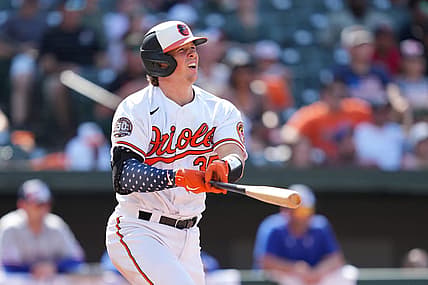 Jul 4, 2022; Baltimore, Maryland, USA; Baltimore Orioles catcher Adley Rutschman (35) reacts after his ninth inning double drove in the game tying run against the Texas Rangers at Oriole Park at Camden Yards. Mandatory Credit: Mitch Stringer-USA TODAY Sports