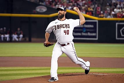 Jul 4, 2022; Phoenix, Arizona, USA; Arizona Diamondbacks starting pitcher Madison Bumgarner (40) pitches against the San Francisco Giants during the first inning at Chase Field. Mandatory Credit: Joe Camporeale-USA TODAY Sports