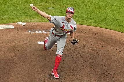 Jul 4, 2022; Cumberland, Georgia, USA; St. Louis Cardinals starting pitcher Dakota Hudson (43) pitches against the Atlanta Braves during the first inning at Truist Park. Mandatory Credit: Dale Zanine-USA TODAY Sports