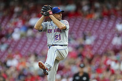 Jul 5, 2022; Cincinnati, Ohio, USA; New York Mets starting pitcher Max Scherzer (21) pitches during the second inning against the Cincinnati Reds at Great American Ball Park. Mandatory Credit: Katie Stratman-USA TODAY Sports
