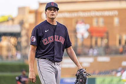 Jul 5, 2022; Detroit, Michigan, USA; Cleveland Guardians starting pitcher Cal Quantrill (47) walks to the dugout during the fourth inning against the Detroit Tigers at Comerica Park. Mandatory Credit: Raj Mehta-USA TODAY Sports