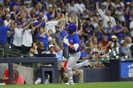 Jul 5, 2022; Milwaukee, Wisconsin, USA;  Chicago Cubs right fielder Seiya Suzuki (27) celebrates after hitting a home run during the fifth inning against the Milwaukee Brewers at American Family Field. Mandatory Credit: Jeff Hanisch-USA TODAY Sports