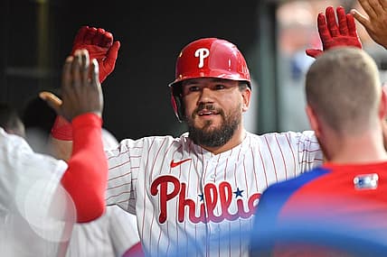Jul 6, 2022; Philadelphia, Pennsylvania, USA; Philadelphia Phillies left fielder Kyle Schwarber (12) celebrates his home run in the dugout during the fourth inning against the Washington Nationals at Citizens Bank Park. Mandatory Credit: Eric Hartline-USA TODAY Sports