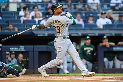 Jun 28, 2022; Bronx, New York, USA;  Oakland Athletics first baseman Christian Bethancourt (23) at Yankee Stadium. Mandatory Credit: Wendell Cruz-USA TODAY Sports