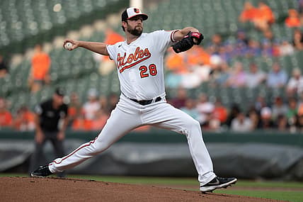 Jul 7, 2022; Baltimore, Maryland, USA;  Baltimore Orioles starting pitcher Jordan Lyles (28) pitches against the Los Angeles Angels during the first inning at Oriole Park at Camden Yards. Mandatory Credit: Jessica Rapfogel-USA TODAY Sports