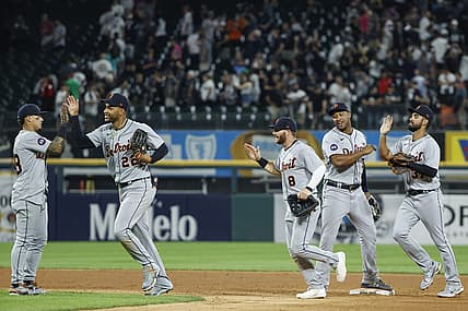 Jul 7, 2022; Chicago, Illinois, USA; Detroit Tigers players celebrate after defeating the Chicago White Sox at Guaranteed Rate Field. Mandatory Credit: Kamil Krzaczynski-USA TODAY Sports