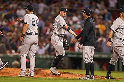 Jul 7, 2022; Boston, Massachusetts, USA; New York Yankees third baseman Josh Donaldson (28) celebrates after defeating the Boston Red Sox at Fenway Park. Mandatory Credit: Paul Rutherford-USA TODAY Sports