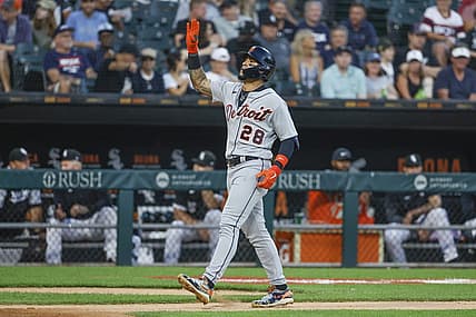 Jul 7, 2022; Chicago, Illinois, USA; Detroit Tigers shortstop Javier Baez (28) rounds the bases after hitting a solo home run against the Chicago White Sox during the fourth inning at Guaranteed Rate Field. Mandatory Credit: Kamil Krzaczynski-USA TODAY Sports