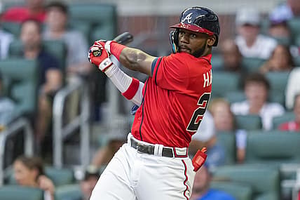Jul 8, 2022; Cumberland, Georgia, USA; Atlanta Braves center fielder Michael Harris II (23) hits a double to score two runs against the Washington Nationals during the second inning at Truist Park. Mandatory Credit: Dale Zanine-USA TODAY Sports