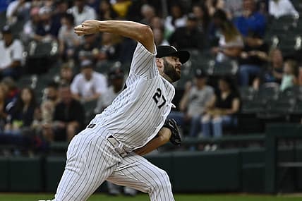 Jul 8, 2022; Chicago, Illinois, USA;  Chicago White Sox starting pitcher Lucas Giolito (27) delivers against the Detroit Tigers during the first inning at Guaranteed Rate Field. Mandatory Credit: Matt Marton-USA TODAY Sports