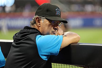 Jul 8, 2022; New York City, New York, USA;  Miami Marlins manager Don Mattingly (8) watches game action during the third inning against the New York Mets at Citi Field. Mandatory Credit: Vincent Carchietta-USA TODAY Sports