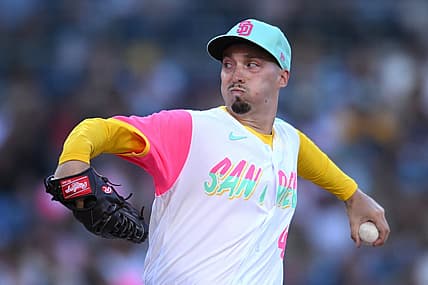 Jul 8, 2022; San Diego, California, USA; San Diego Padres starting pitcher Blake Snell (4) throws a pitch against the San Francisco Giants during the second inning at Petco Park. Mandatory Credit: Orlando Ramirez-USA TODAY Sports