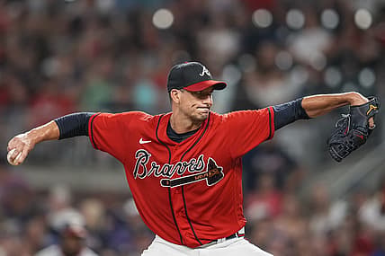 Jul 8, 2022; Cumberland, Georgia, USA; Atlanta Braves starting pitcher Charlie Morton (50) pitches against the Washington Nationals during the seventh inning at Truist Park. Mandatory Credit: Dale Zanine-USA TODAY Sports