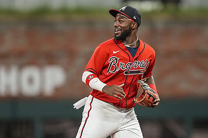 Jul 8, 2022; Cumberland, Georgia, USA; Atlanta Braves center fielder Michael Harris II reacts after the Braves defeated the Washington Nationals at Truist Park. Mandatory Credit: Dale Zanine-USA TODAY Sports