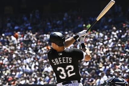 Jul 9, 2022; Chicago, Illinois, USA;  Chicago White Sox right fielder Gavin Sheets (32) hits a three run home run against the Detroit Tigers during the first inning at Guaranteed Rate Field. Mandatory Credit: Matt Marton-USA TODAY Sports
