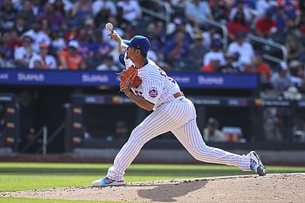 Jul 9, 2022; New York City, New York, USA;  New York Mets starting pitcher Carlos Carrasco (59) pitches in the second inning against the Miami Marlins at Citi Field. Mandatory Credit: Wendell Cruz-USA TODAY Sports