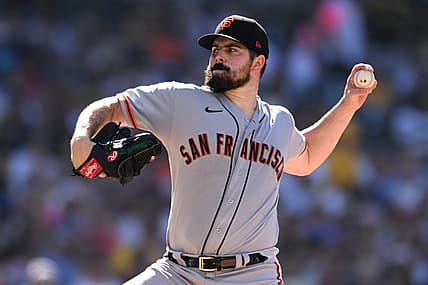 Jul 9, 2022; San Diego, California, USA; San Francisco Giants starting pitcher Carlos Rodon (16) throws a pitch against the San Diego Padres during the first inning at Petco Park. Mandatory Credit: Orlando Ramirez-USA TODAY Sports