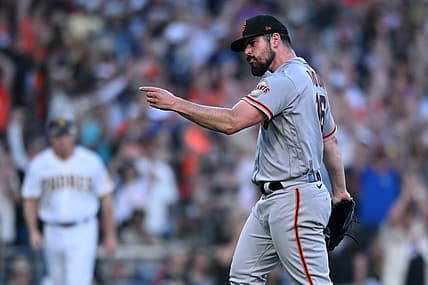 Jul 9, 2022; San Diego, California, USA; San Francisco Giants starting pitcher Carlos Rodon (16) gestures after the Giants defeated the San Diego Padres at Petco Park. Mandatory Credit: Orlando Ramirez-USA TODAY Sports