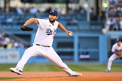 Jul 9, 2022; Los Angeles, California, USA; Los Angeles Dodgers starting pitcher Clayton Kershaw (22) pitches against the Chicago Cubs during the first inning at Dodger Stadium. Mandatory Credit: Jonathan Hui-USA TODAY Sports
