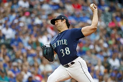 Jul 9, 2022; Seattle, Washington, USA; Seattle Mariners starting pitcher Robbie Ray (38) throws against the Toronto Blue Jays during the first inning at T-Mobile Park. Mandatory Credit: Joe Nicholson-USA TODAY Sports