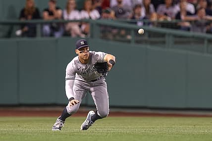 Jul 9, 2022; Boston, Massachusetts, USA; New York Yankees right fielder Aaron Judge (99) catches a line drive during the eighth inning against the Boston Red Sox at Fenway Park. Mandatory Credit: Paul Rutherford-USA TODAY Sports