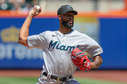 Jul 10, 2022; New York City, New York, USA; Miami Marlins starting pitcher Sandy Alcantara (22) delivers a pitch during the first inning against the New York Mets at Citi Field. Mandatory Credit: Vincent Carchietta-USA TODAY Sports